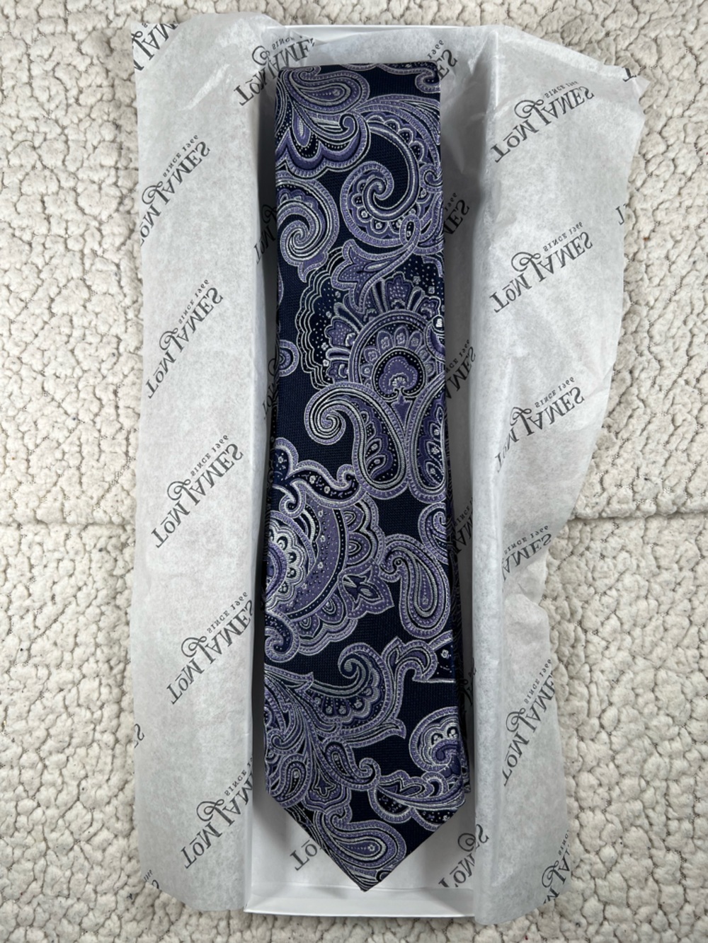 100% Silk Tie - Paisley Navy and Lavender - Tom James